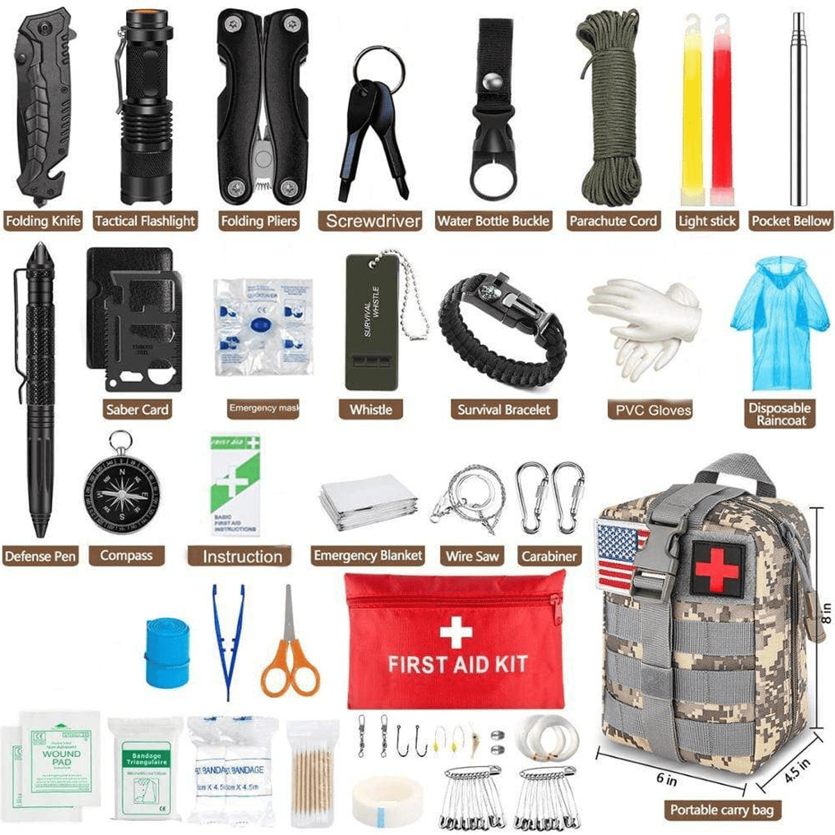 Emergency Survival Kit, Outdoor Survival Gear Tool with Survival Bracelet,  Fire Starter, Whistle, Wood Cutter, Water Bottle Clip, Pen